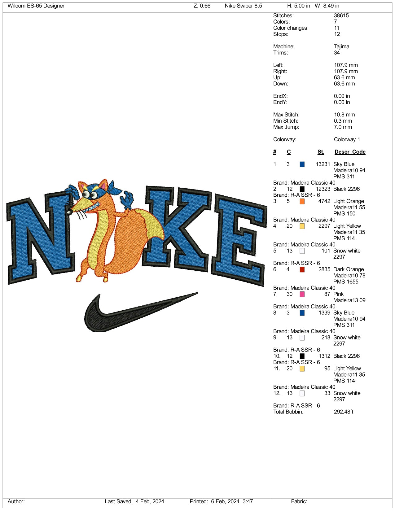 Nike Swiper The Fox Embroidery Design Files - 3 Size's