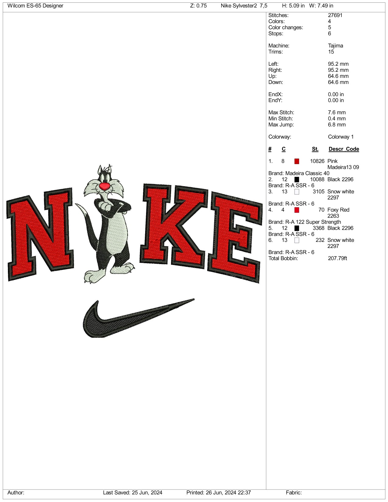 Nike Sylvester Embroidery Design Files - 3 Size's