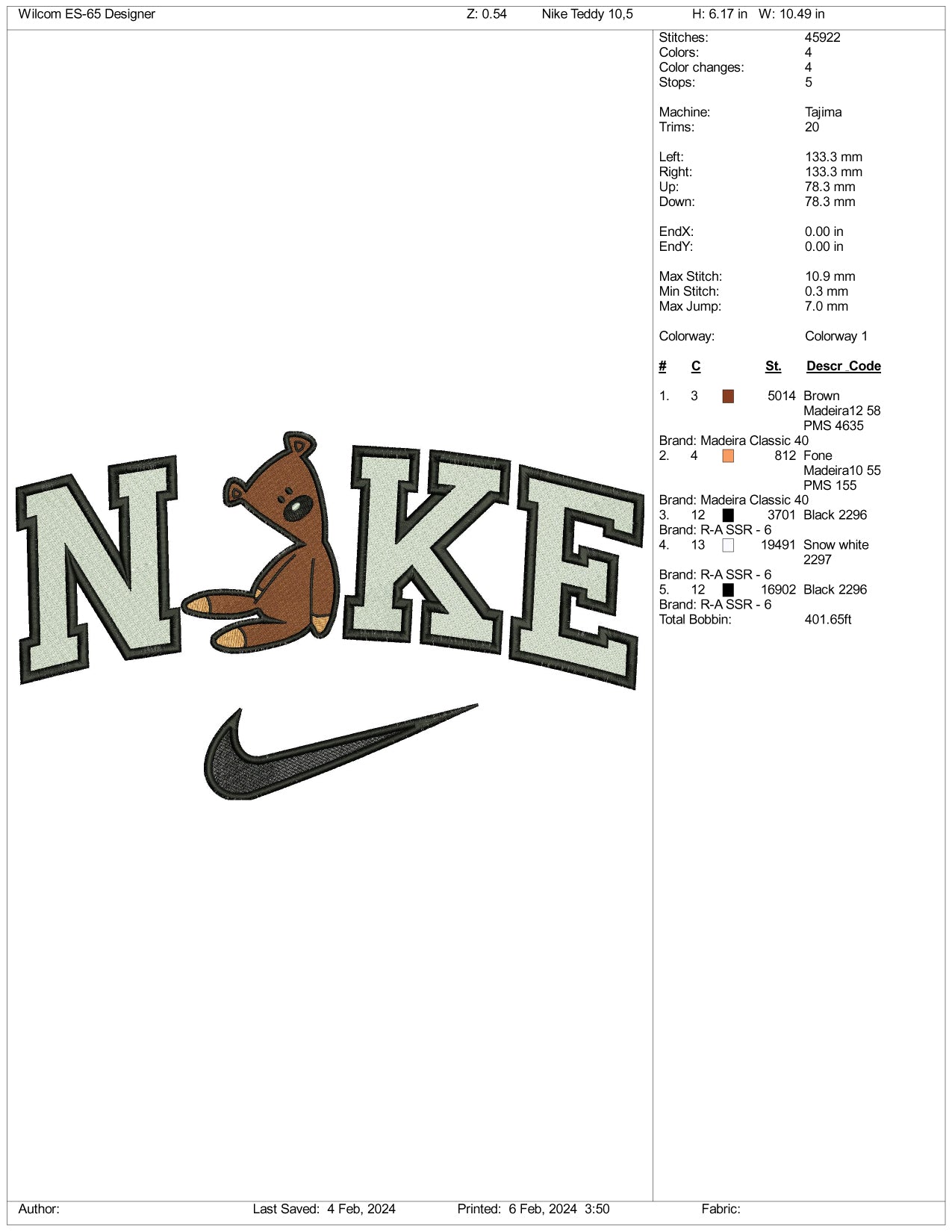 Nike Mr Bean Teddy Embroidery Design Files - 3 Size's