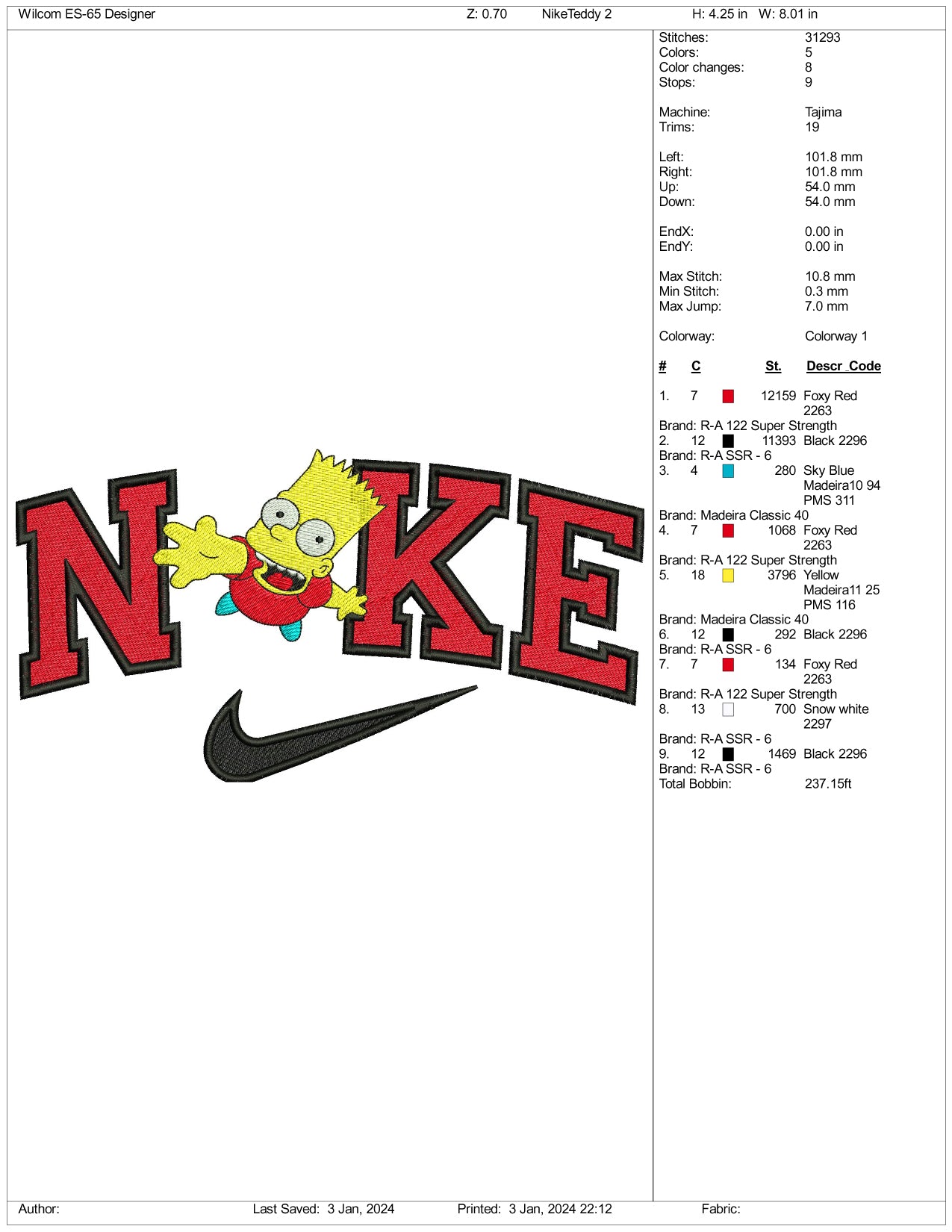 Nike Bart Half Body Embroidery Design Files - 3 Size's