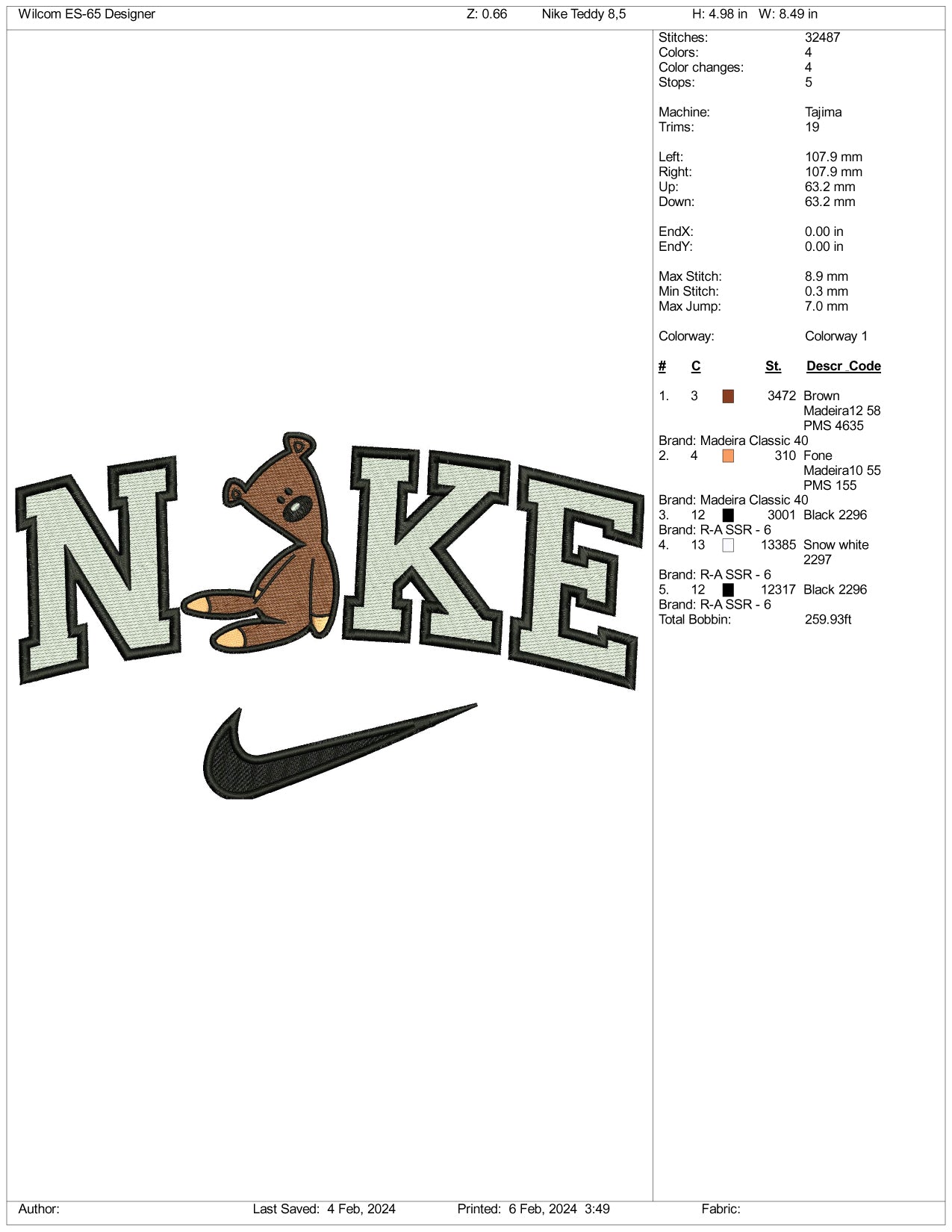 Nike Mr Bean Teddy Embroidery Design Files - 3 Size's