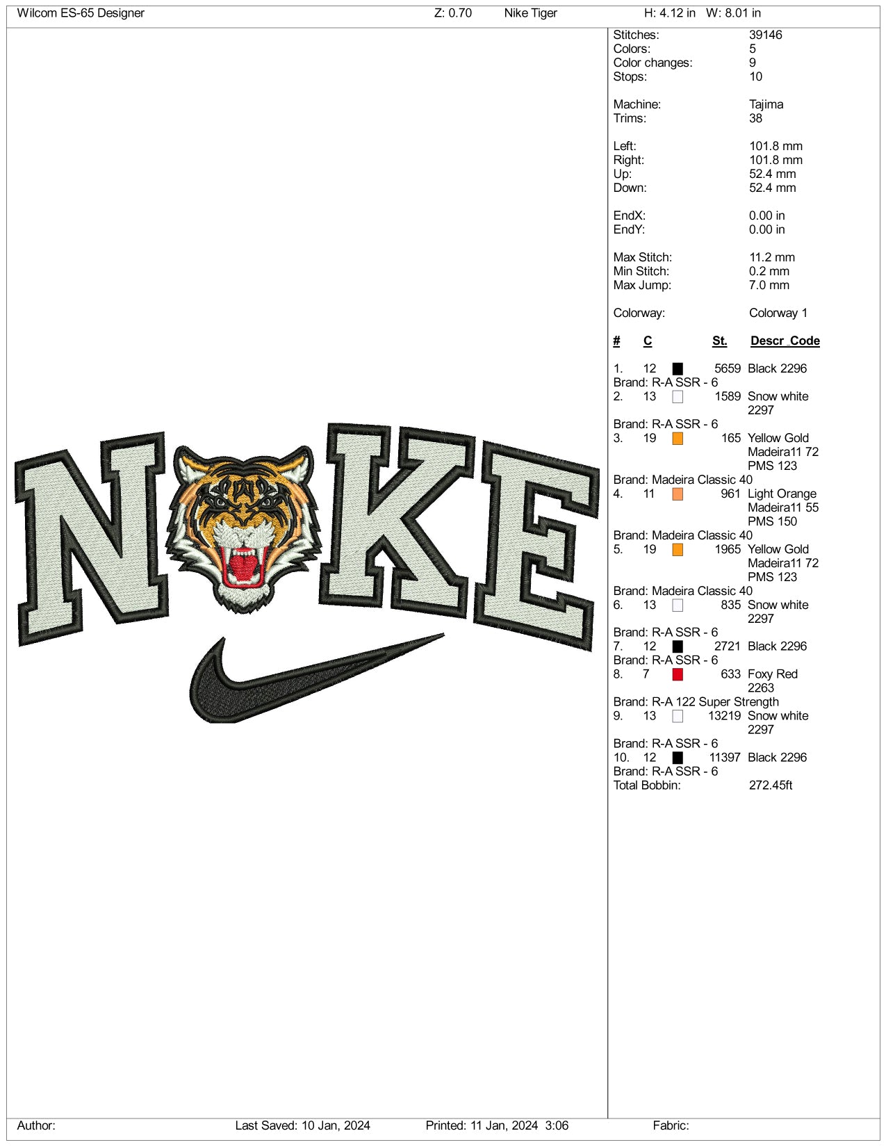 Nike Tiger v3 Embroidery Design Files - 3 Size's