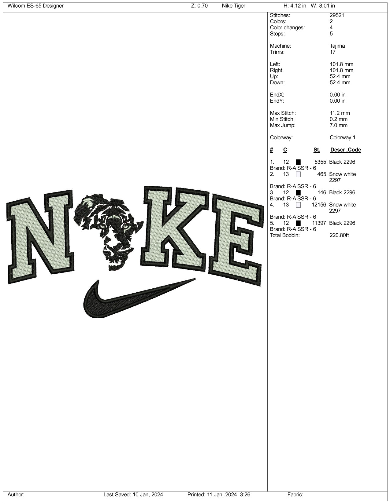 Nike Tiger v4 Embroidery Design Files - 3 Size's