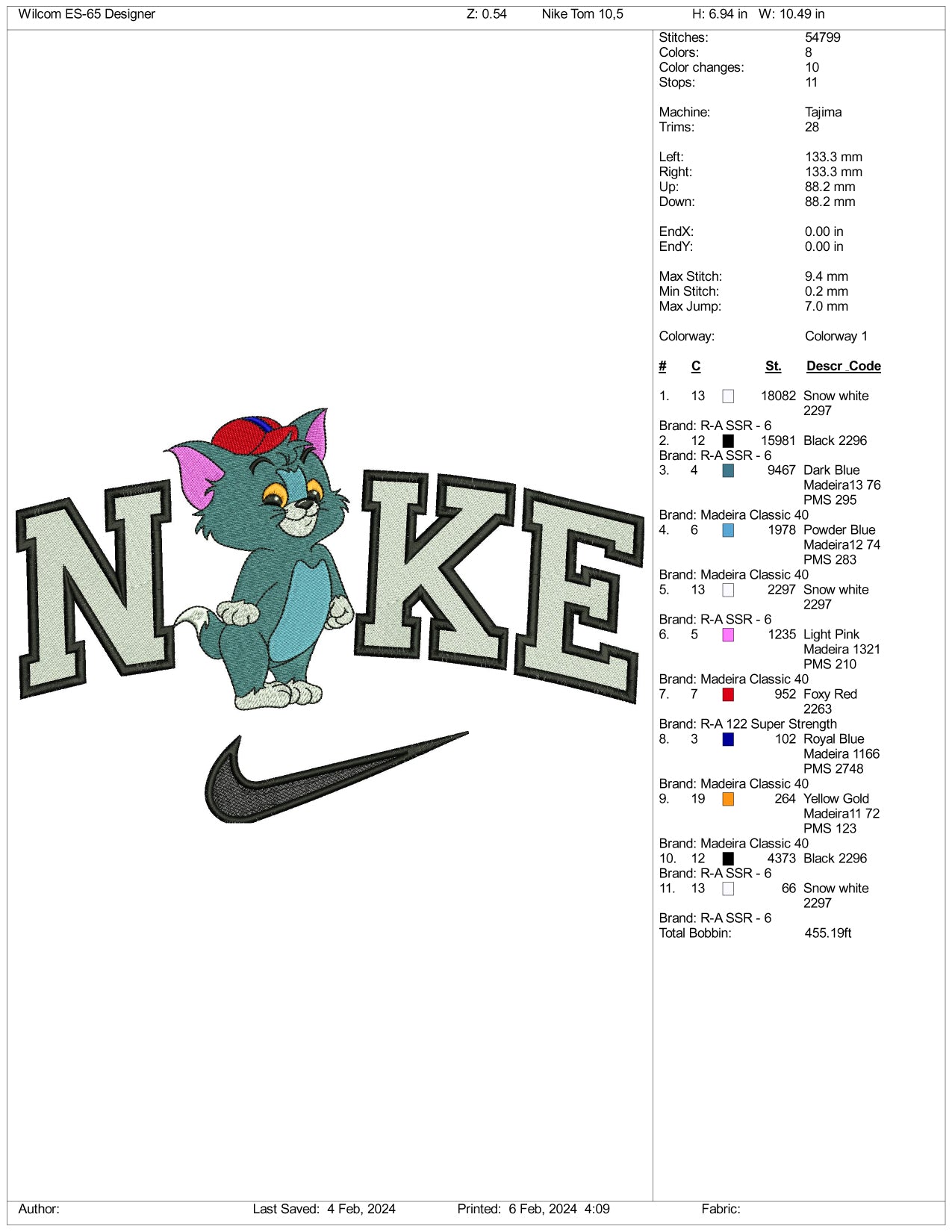 Nike Chibi Tom Embroidery Design Files - 3 Size's