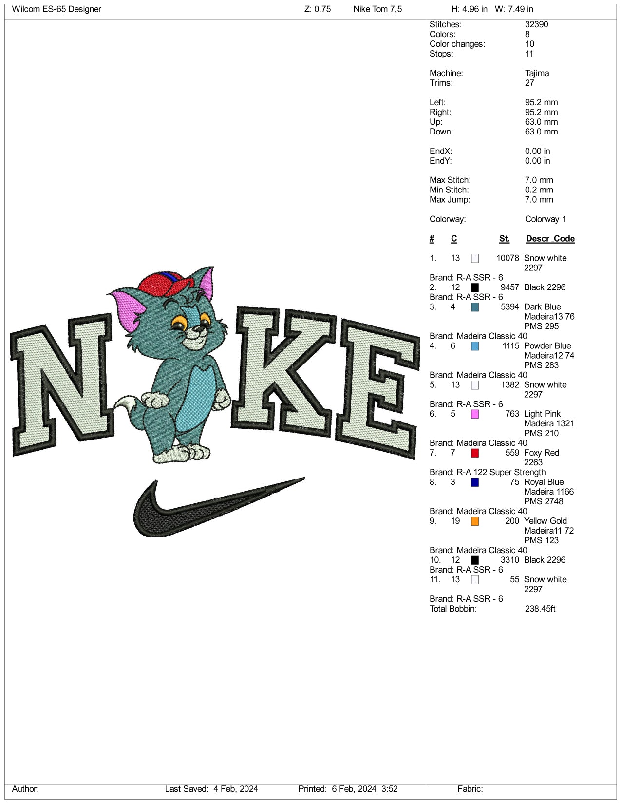 Nike Chibi Tom Embroidery Design Files - 3 Size's