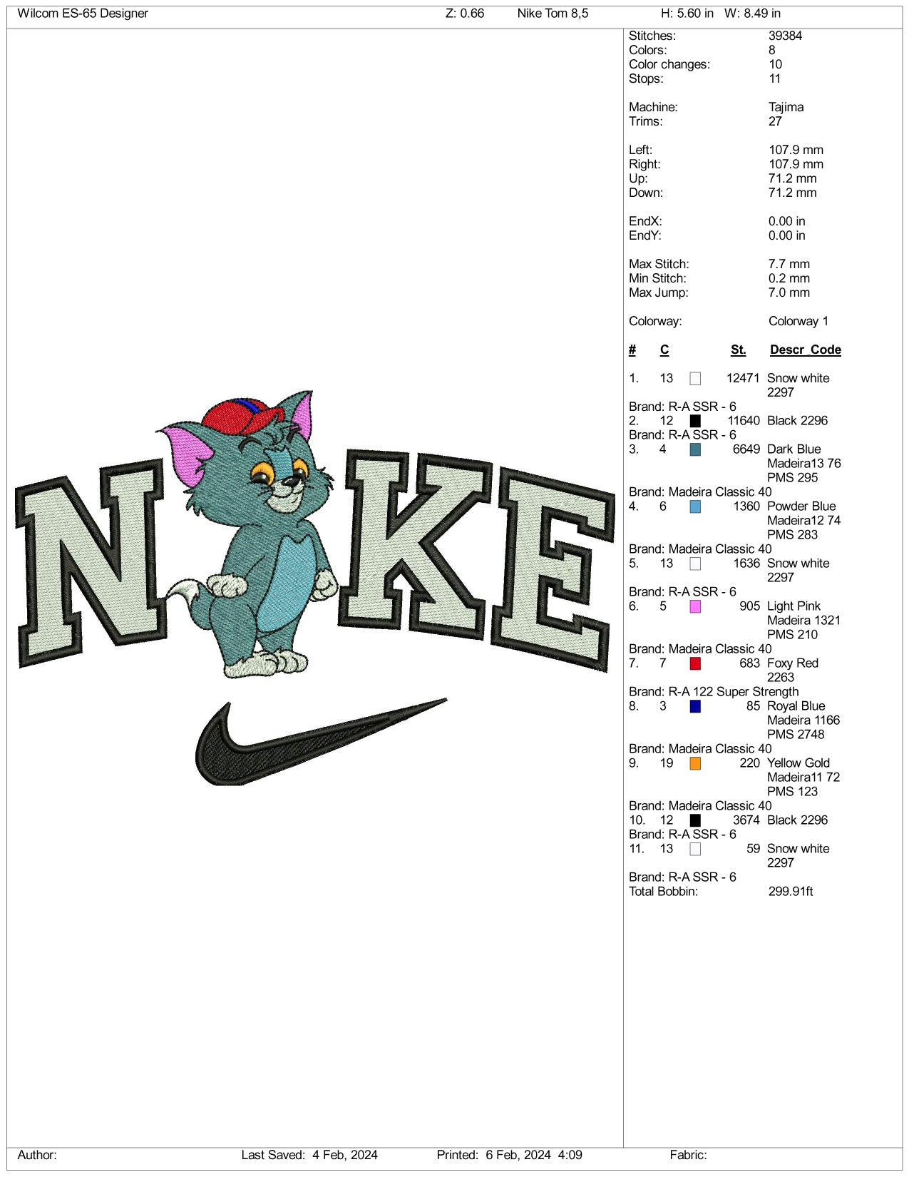 Nike Chibi Tom Embroidery Design Files - 3 Size's