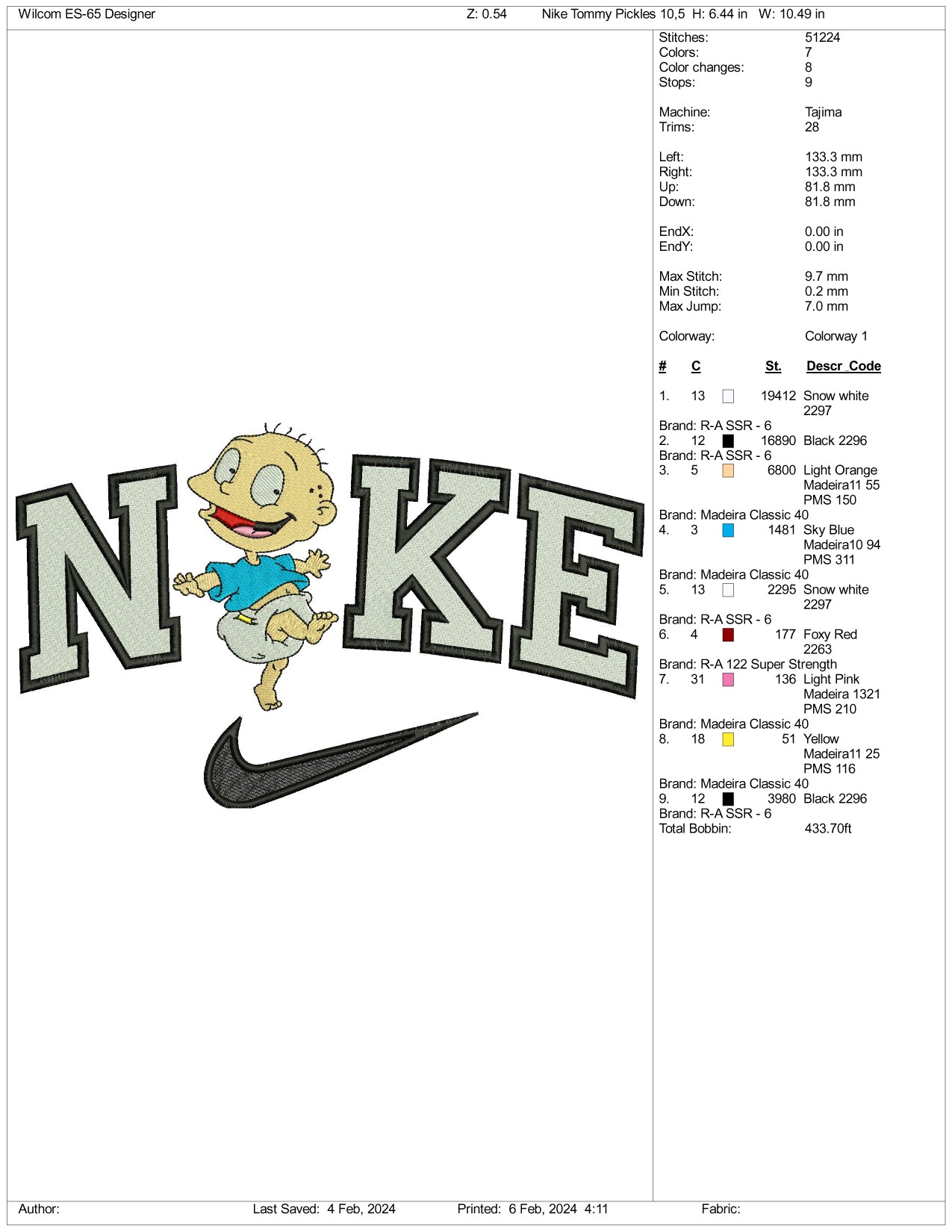 Nike Tommy Pickles Embroidery Design Files - 3 Size's