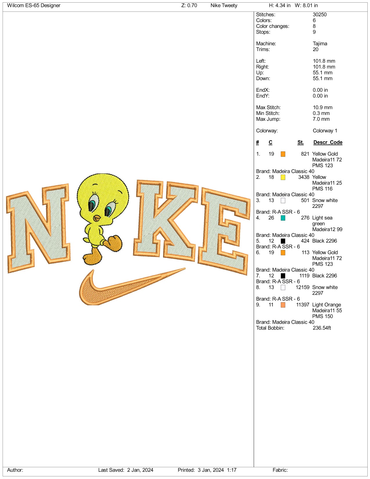 Nike Tweety Embroidery Design Files - 3 Size's