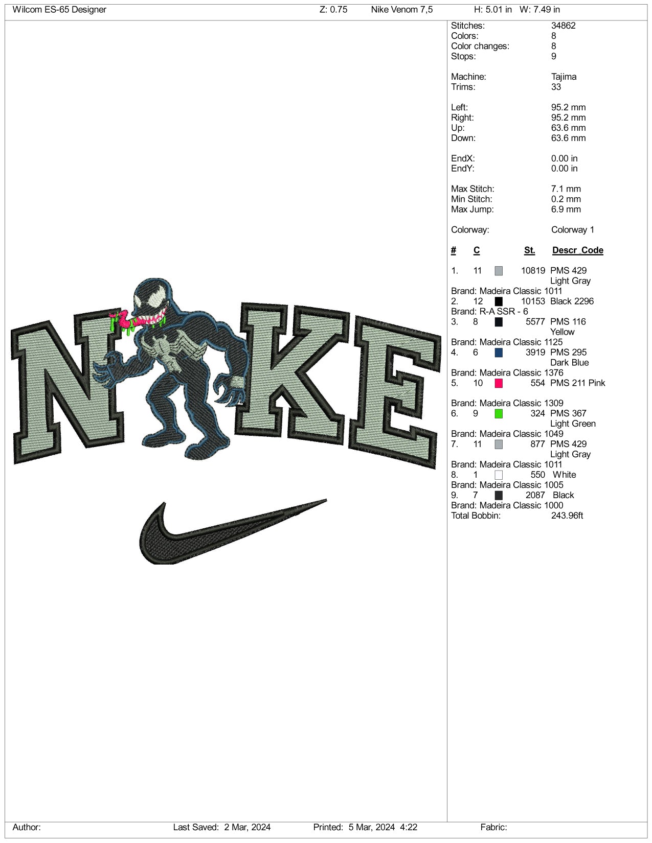 Nike Chibi Venom Embroidery Design Files - 3 Size's