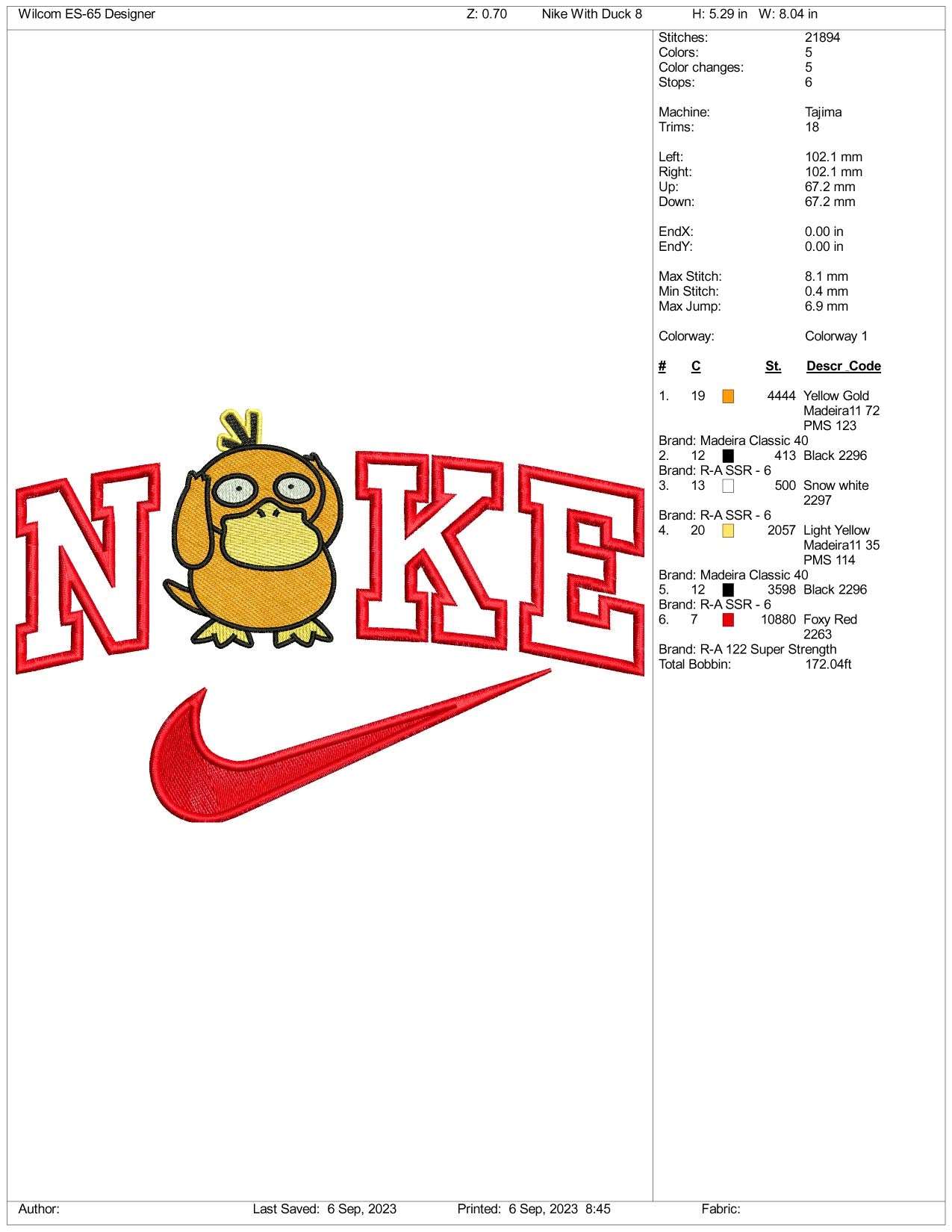 Nike Psyduck Embroidery Design Files - 3 Size's