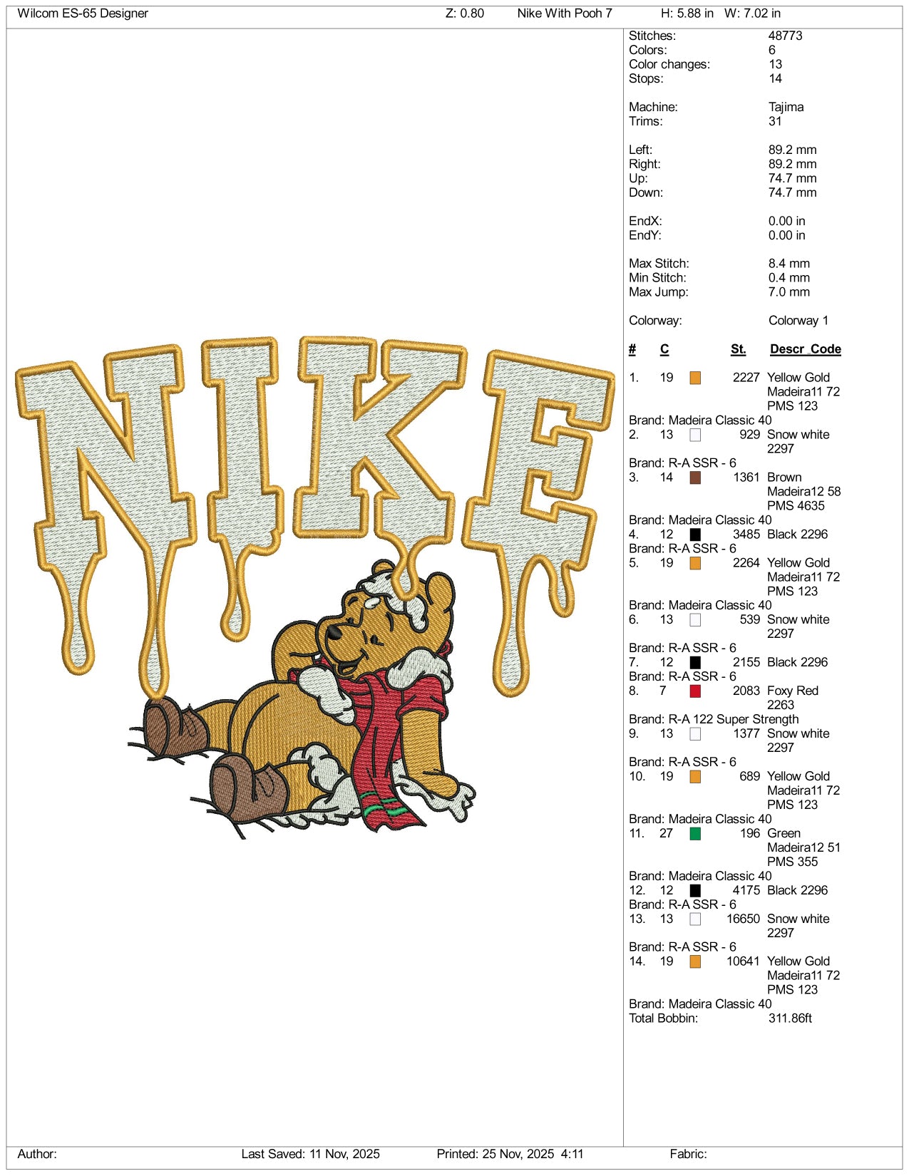 Nike Pooh v6 Embroidery Design Files - 3 Size's