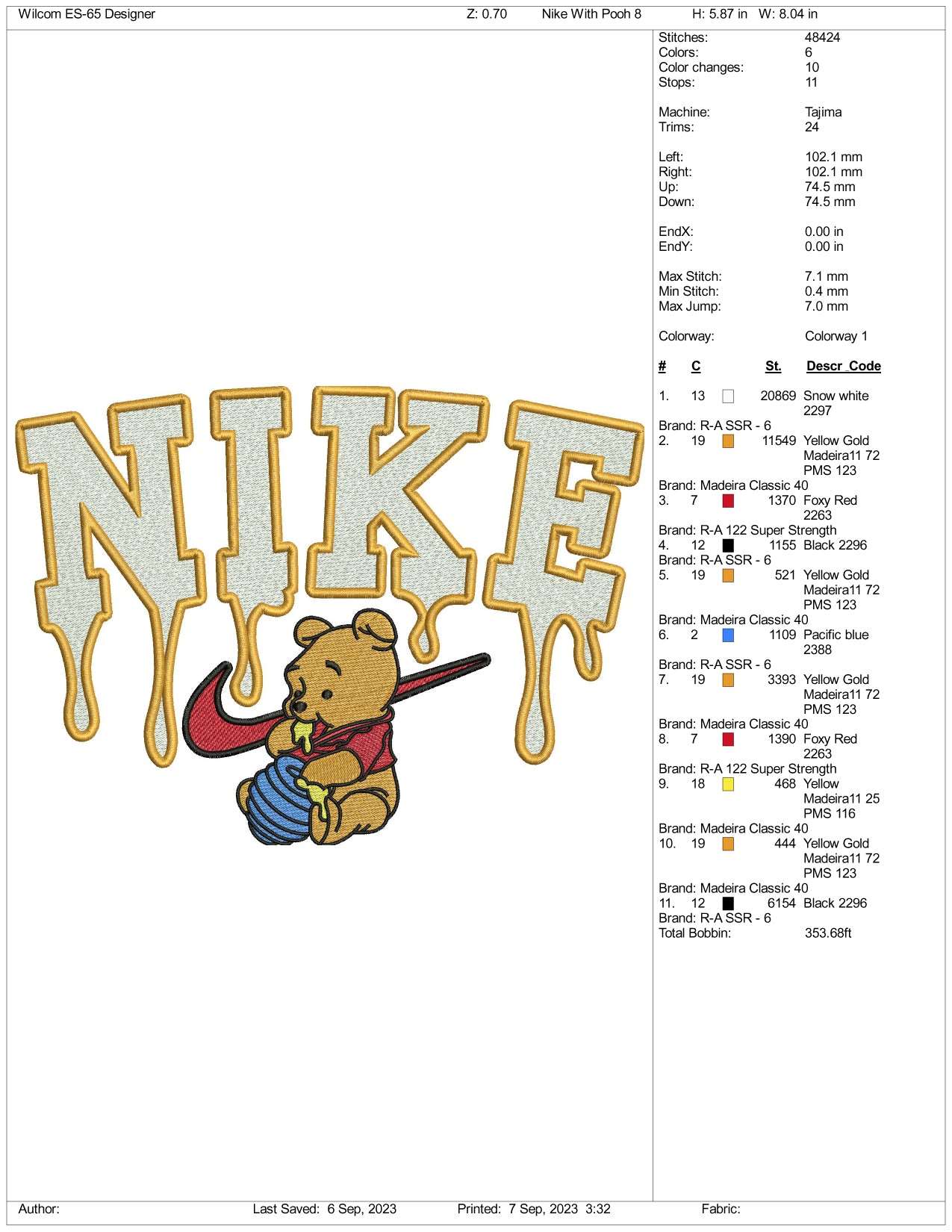 Nike Pooh Embroidery Design Files - 3 Size's