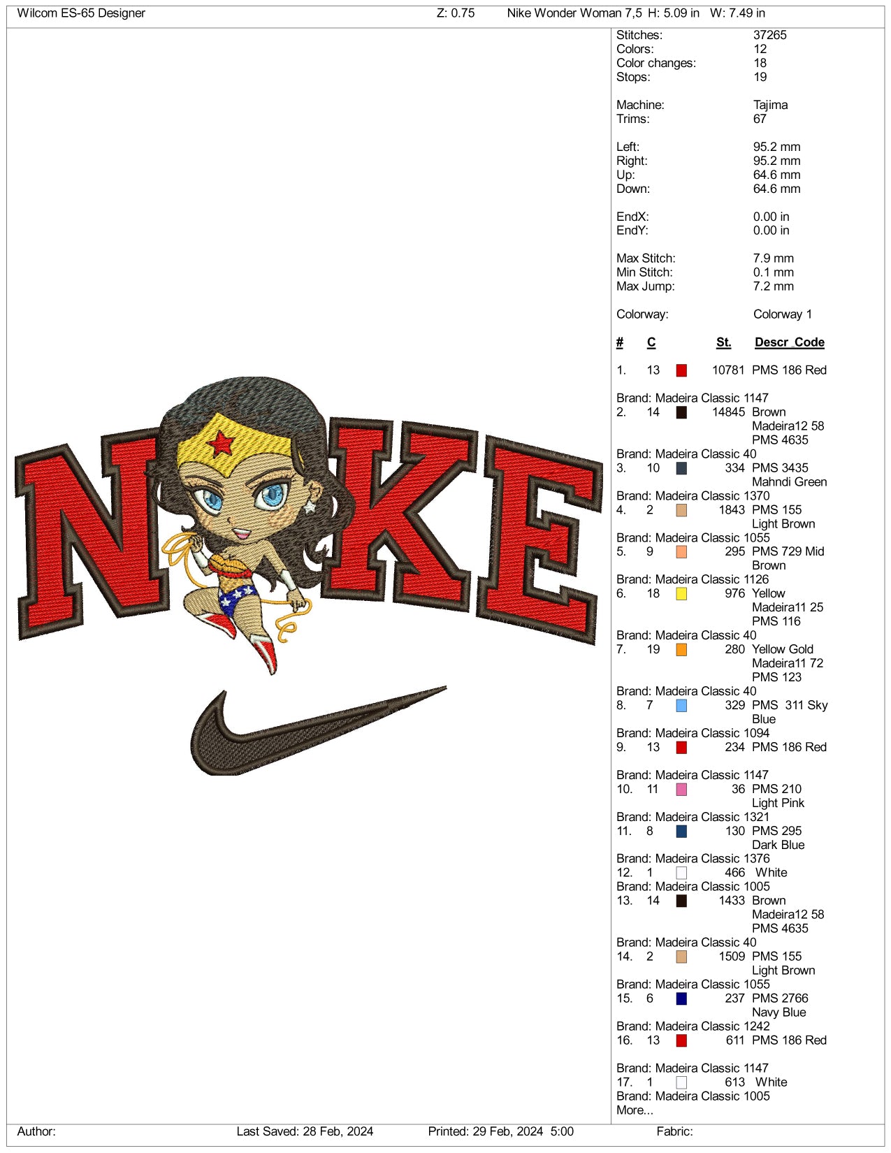 Nike Chibi Wonder Woman Embroidery Design Files - 3 Size's