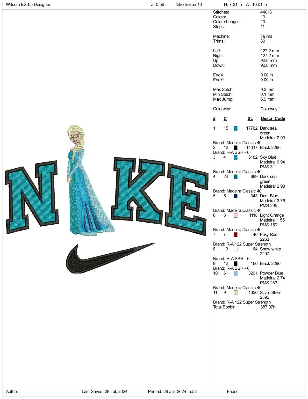 Nike Princess Frozen Embroidery Design Files - 3 Size's