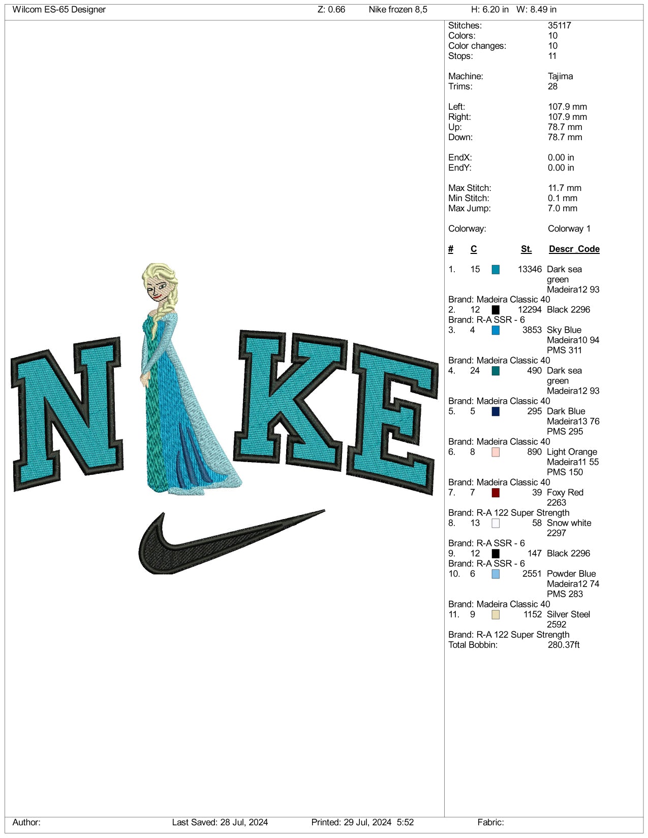 Nike Princess Frozen Embroidery Design Files - 3 Size's