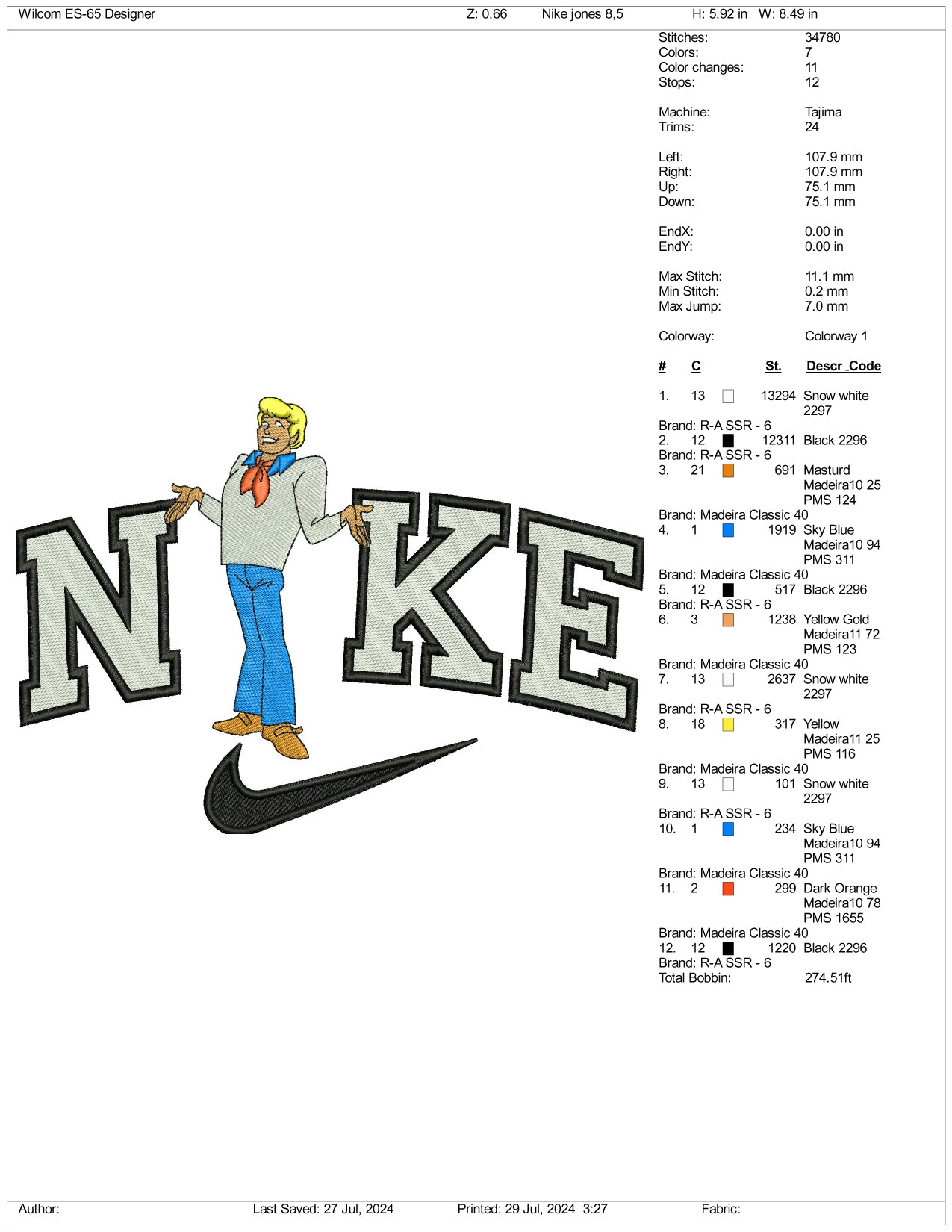 Nike Fred Jones Embroidery Design Files - 3 Size's