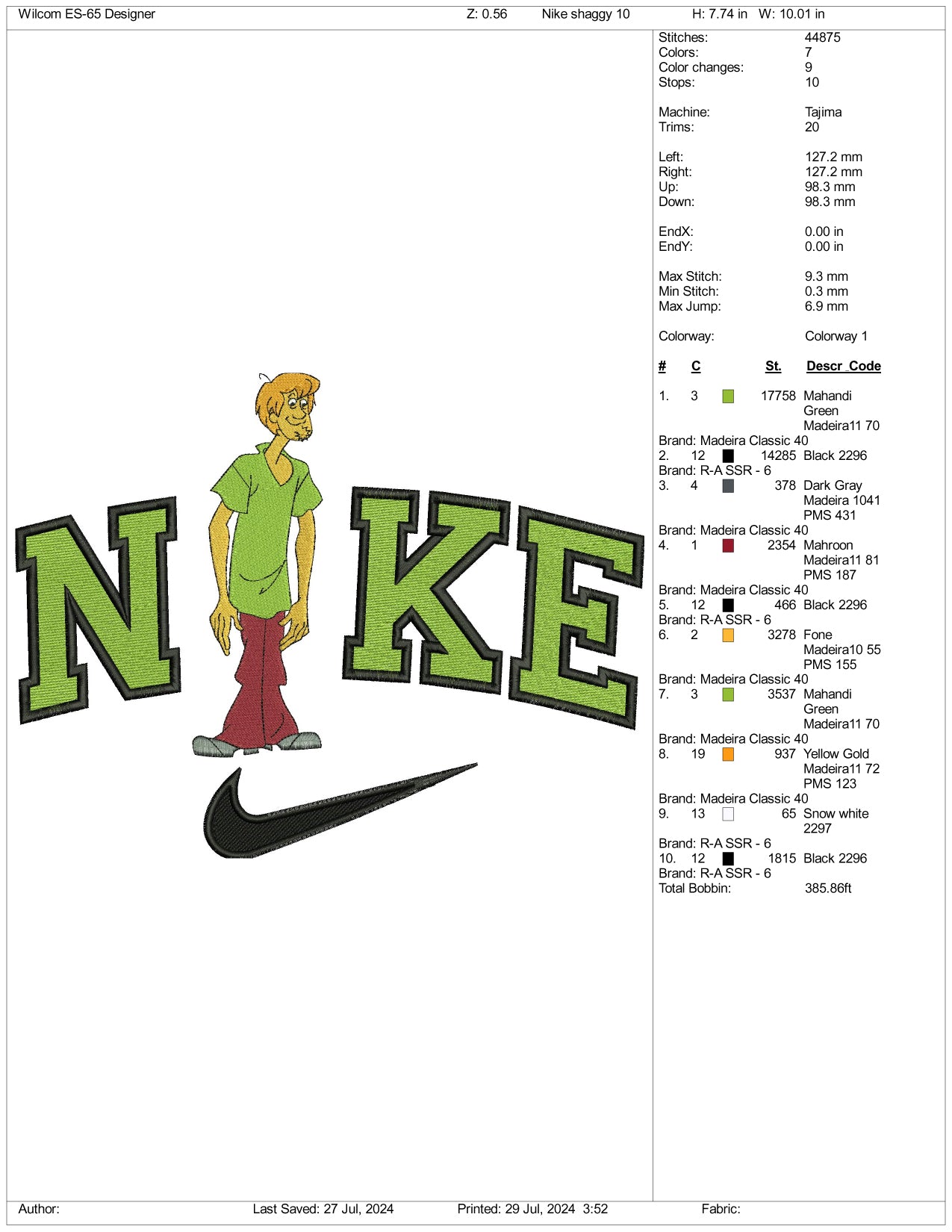 Nike Shaggy Rogers Embroidery Design Files - 3 Size's