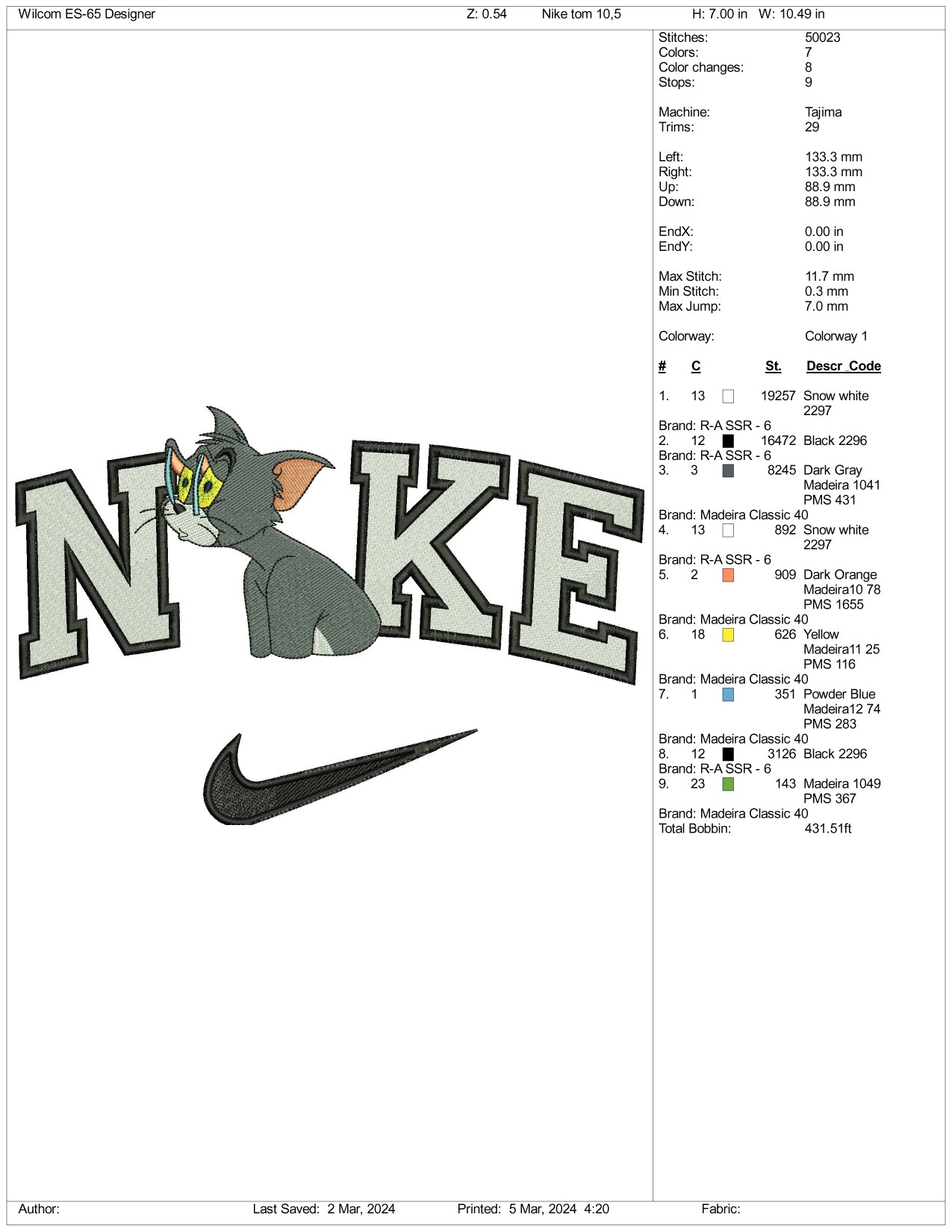 Nike Tired Tom Embroidery Design Files - 3 Size's