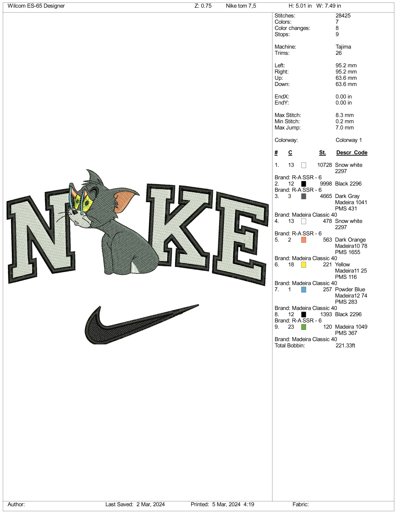 Nike Tired Tom Embroidery Design Files - 3 Size's