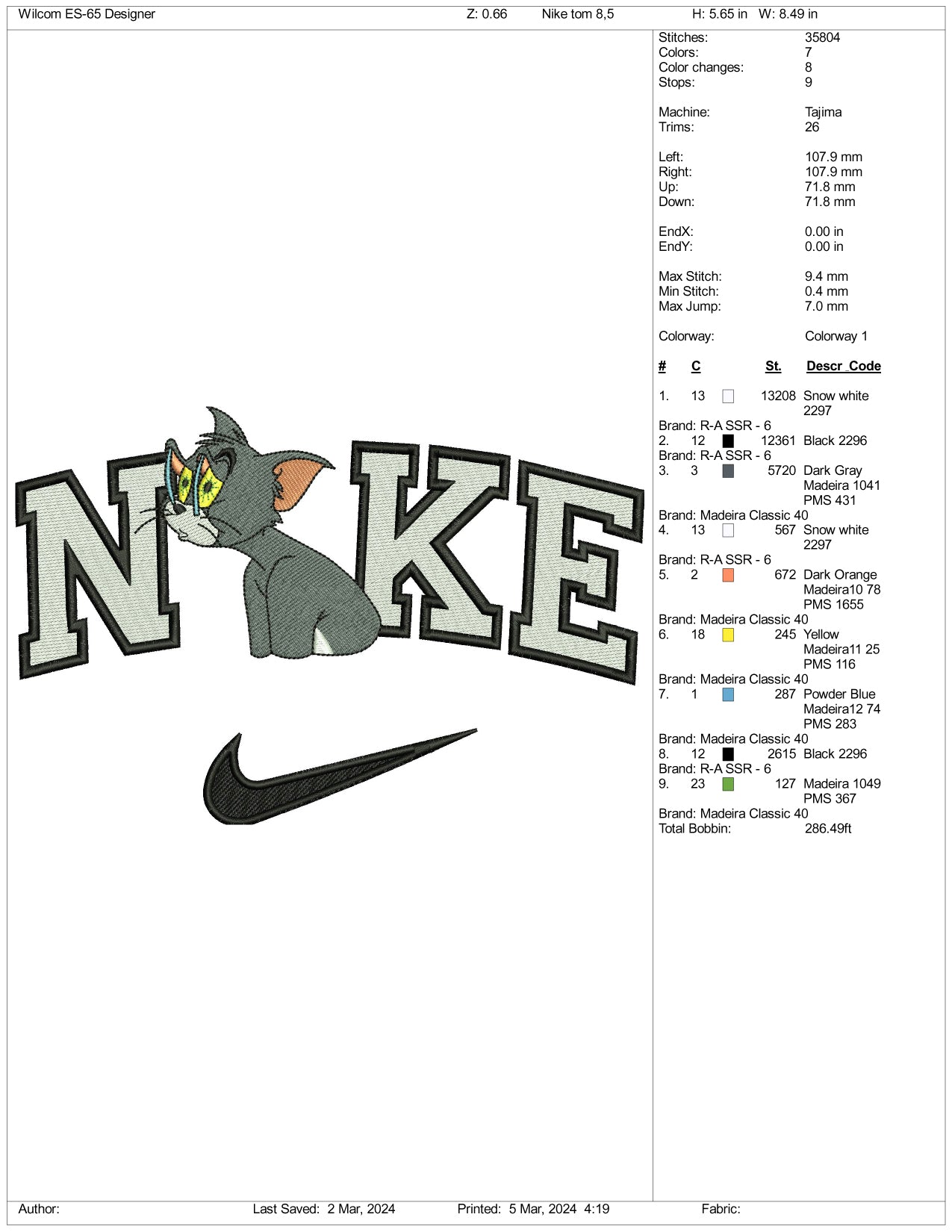 Nike Tired Tom Embroidery Design Files - 3 Size's