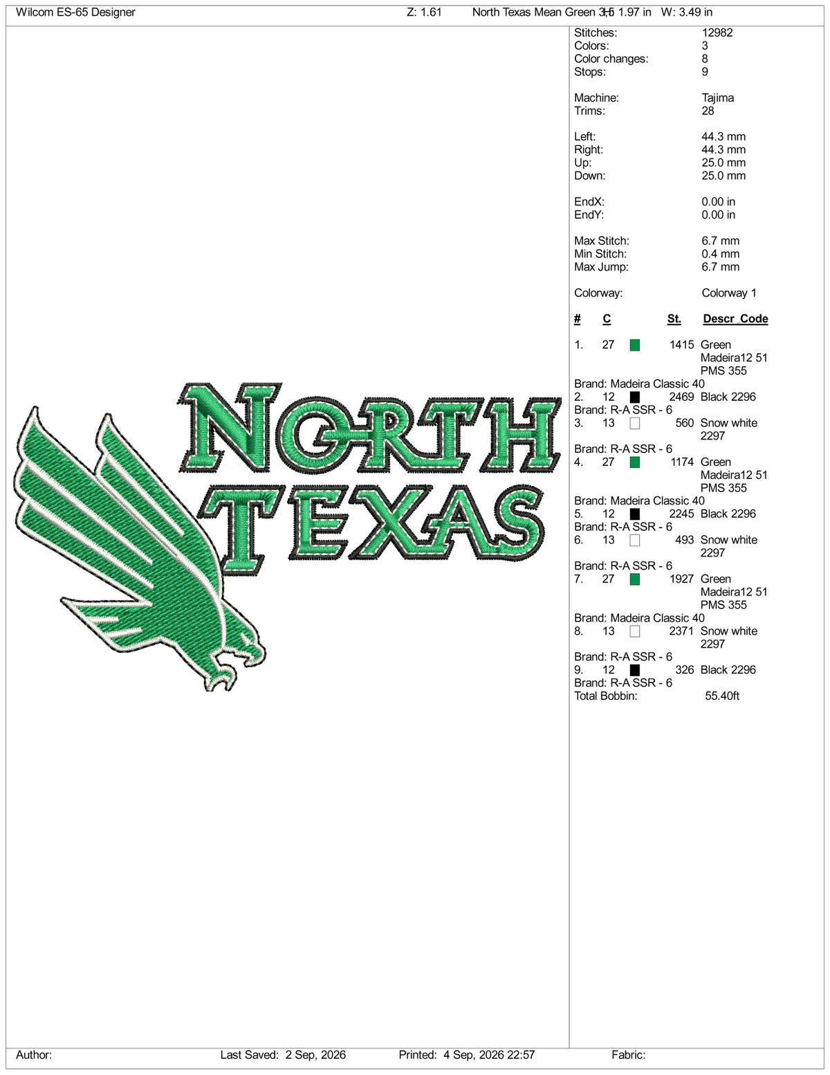 North Texas Mean Green Logo Embroidery Design Files - 3 Size's