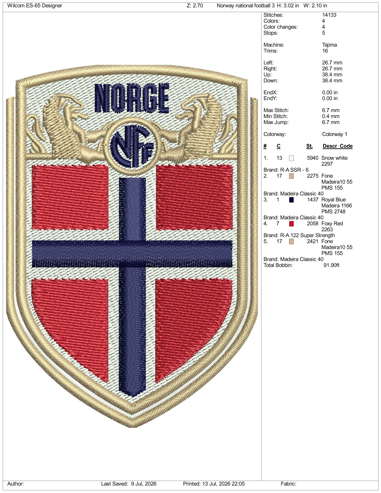 Norway National Football Logo Embroidery Design Files - 3 Size's