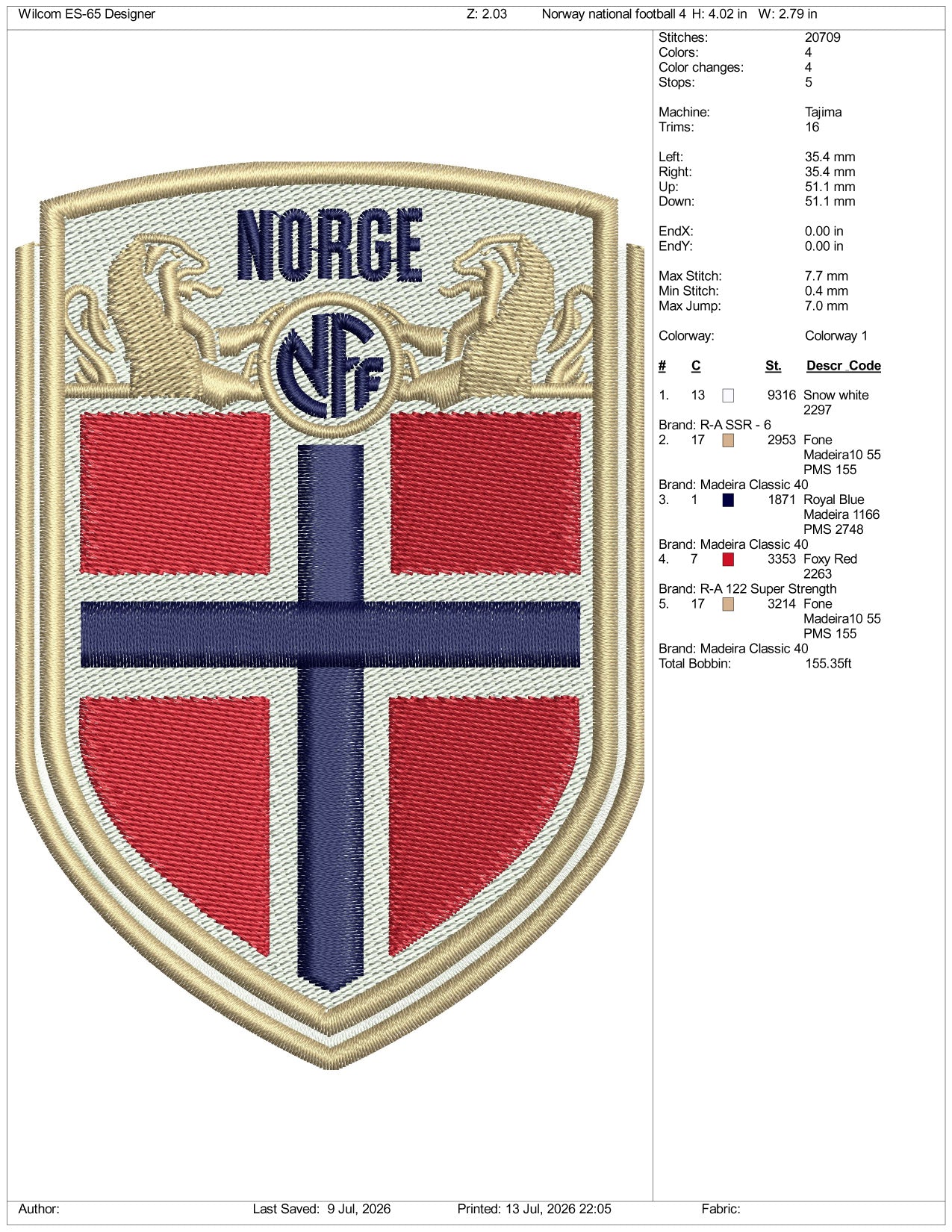 Norway National Football Logo Embroidery Design Files - 3 Size's