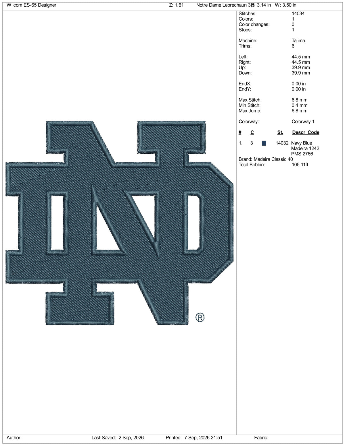 Notre Dame Leprechaun Logo Embroidery Design Files - 3 Size's