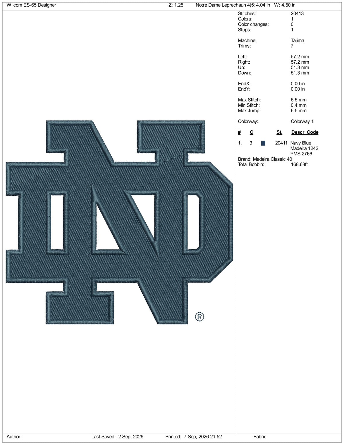 Notre Dame Leprechaun Logo Embroidery Design Files - 3 Size's