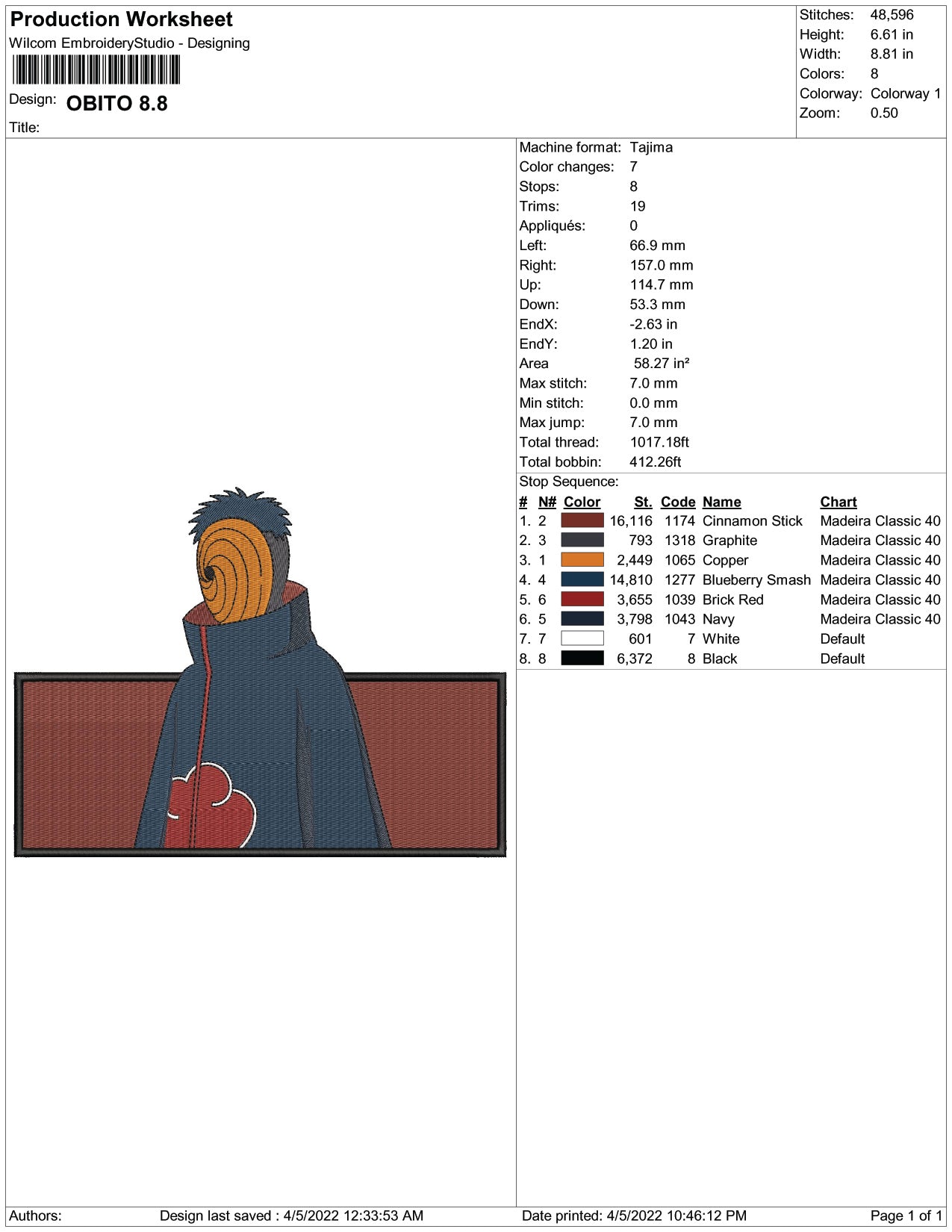Obito Uchiha v4 Embroidery Design Files - 6 Size's