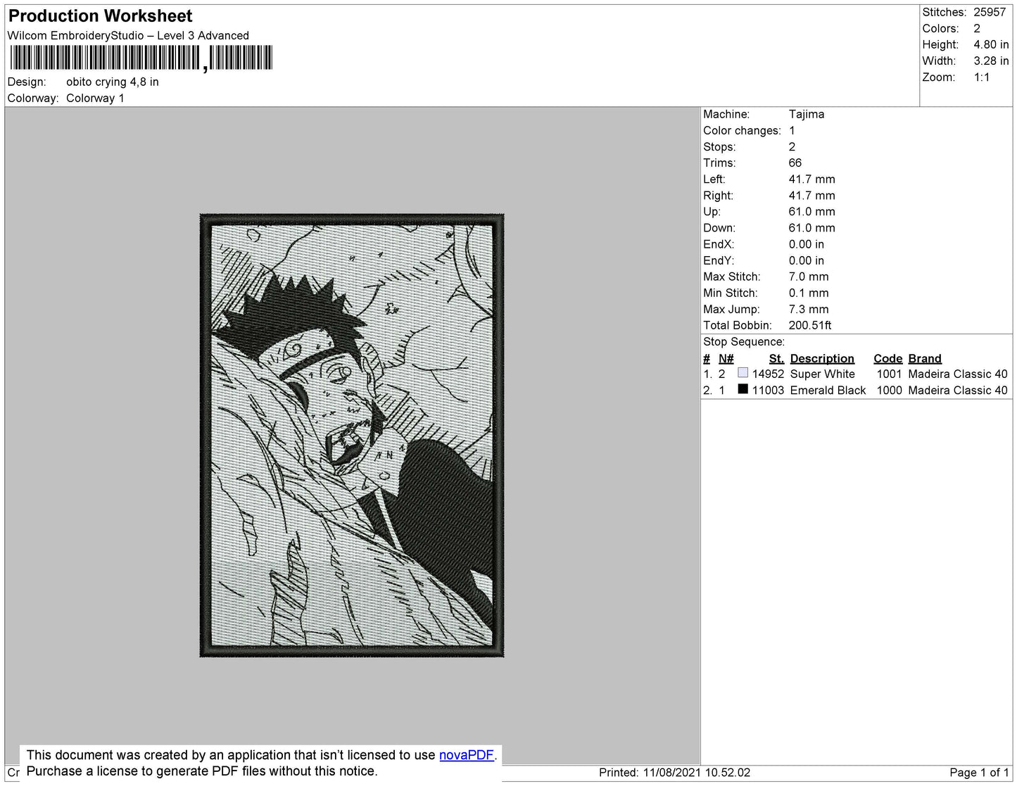Obito Crying Embroidery Design Files - 4 Size's