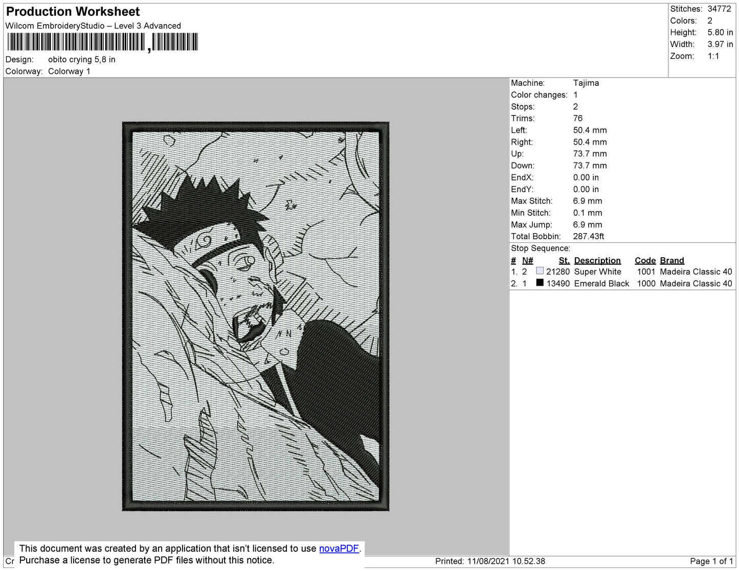Obito Crying Embroidery Design Files - 4 Size's