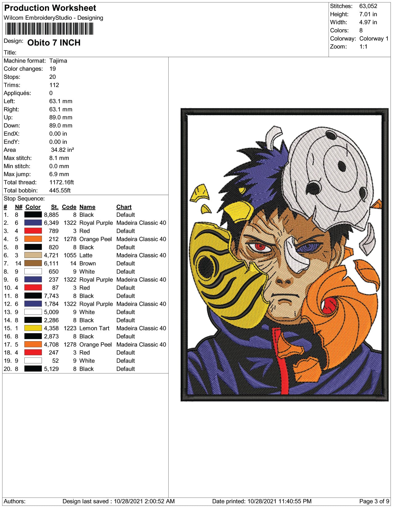Obito Uchiha v5 Embroidery Design Files - 4 Size's