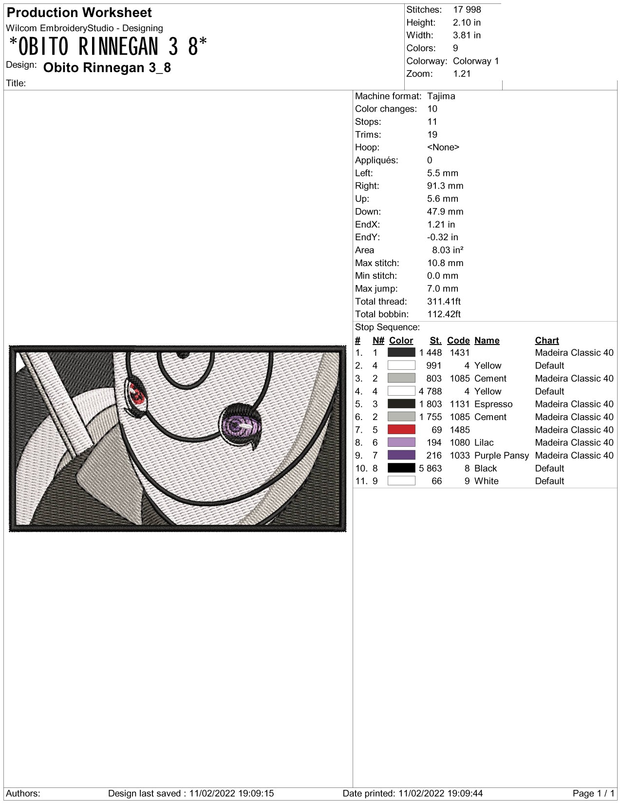 Obito Uchiha Embroidery Design Files - 3 Size's