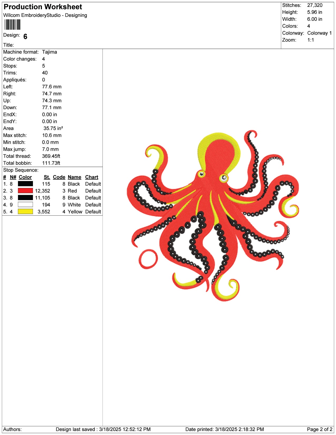 Octopus Embroidery Design Files - 9 Size's
