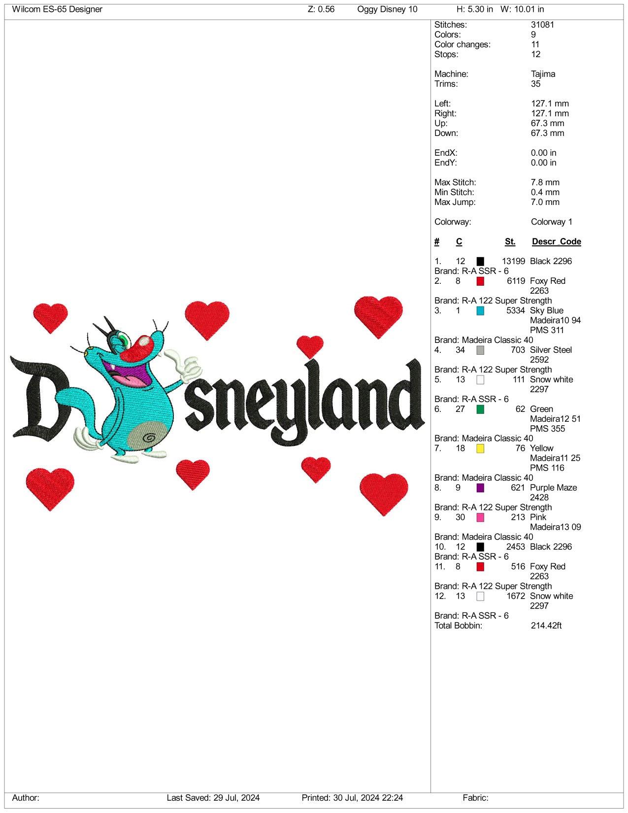 Oggy Disneyland Embroidery Design Files - 3 Size's