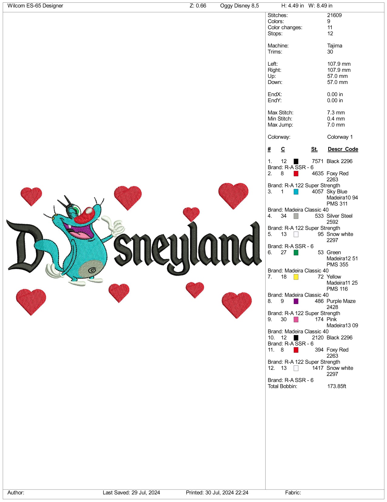 Oggy Disneyland Embroidery Design Files - 3 Size's