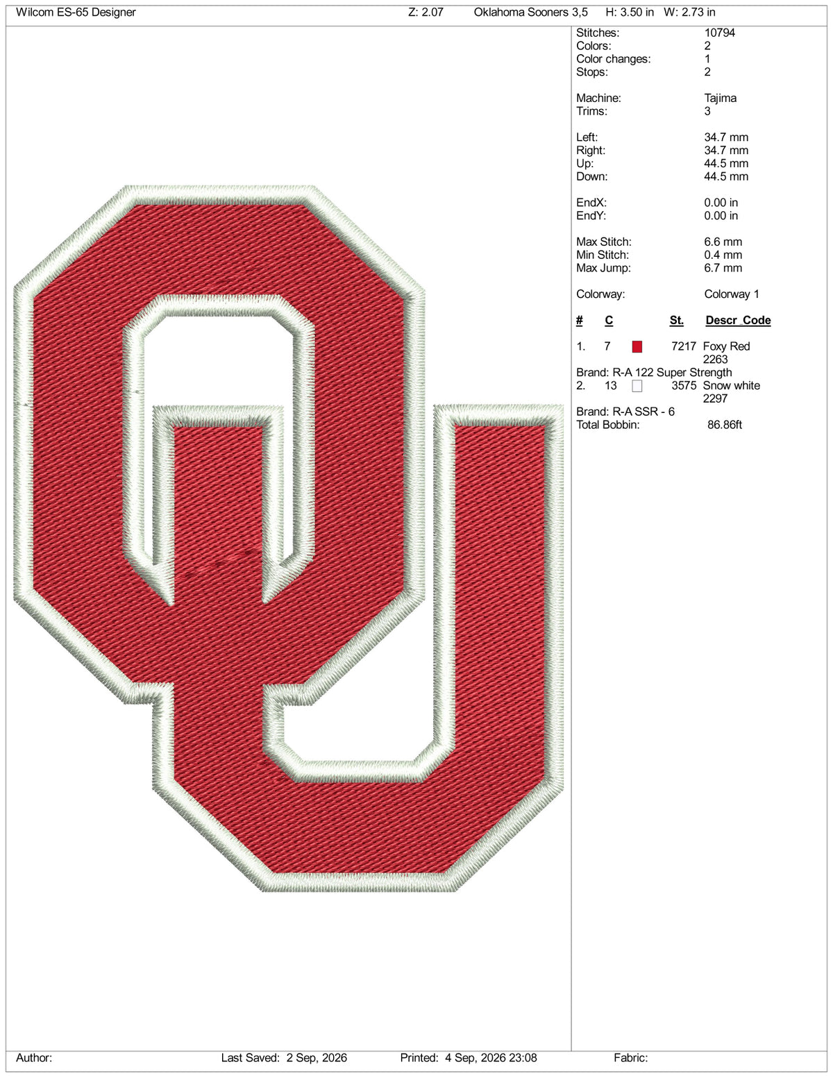 Oklahoma Sooners Logo Embroidery Design Files - 3 Size's