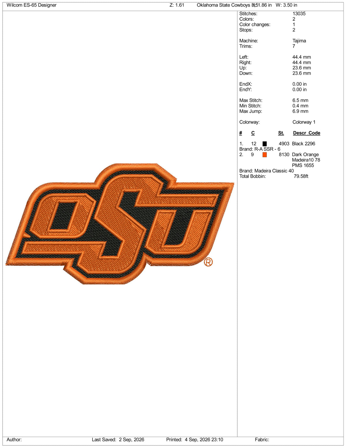 Oklahoma State Cowboys Logo Embroidery Design Files - 3 Size's