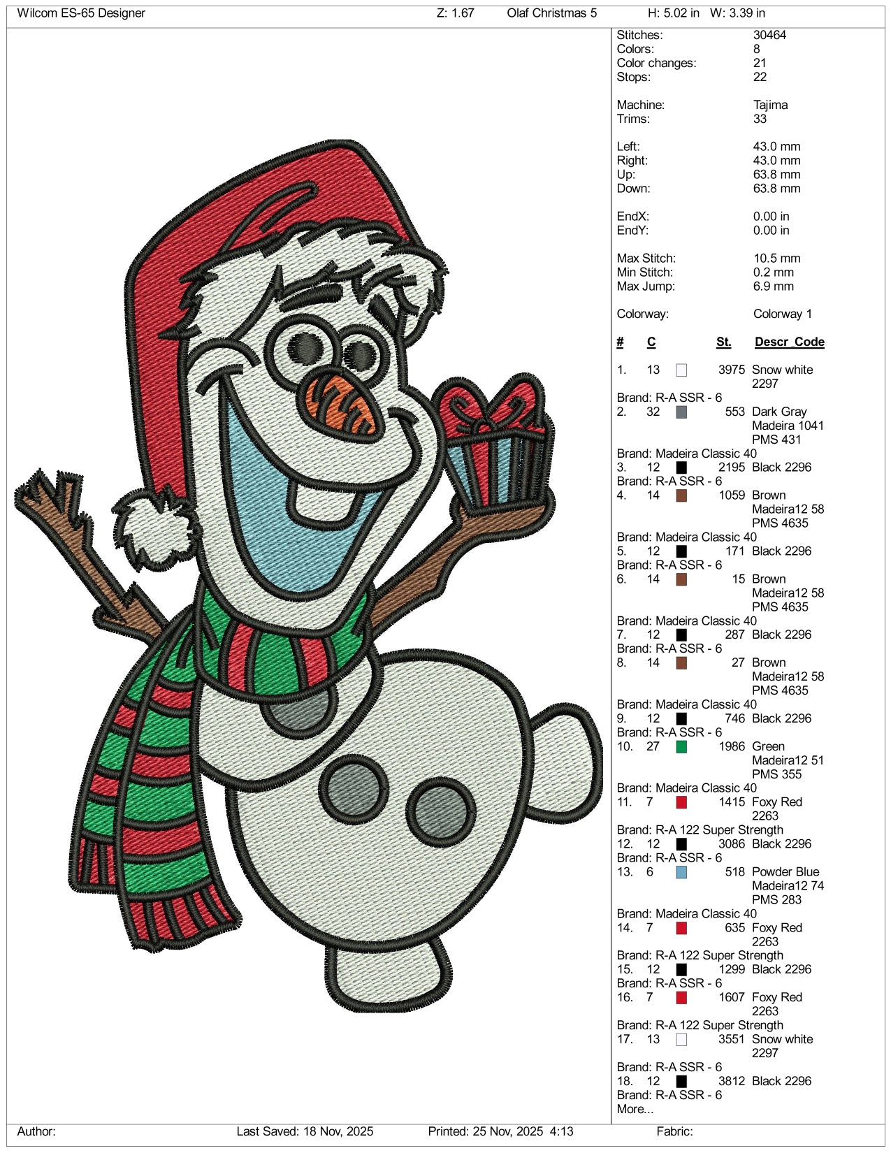 Olaf v2 Embroidery Design Files - 5 Size's