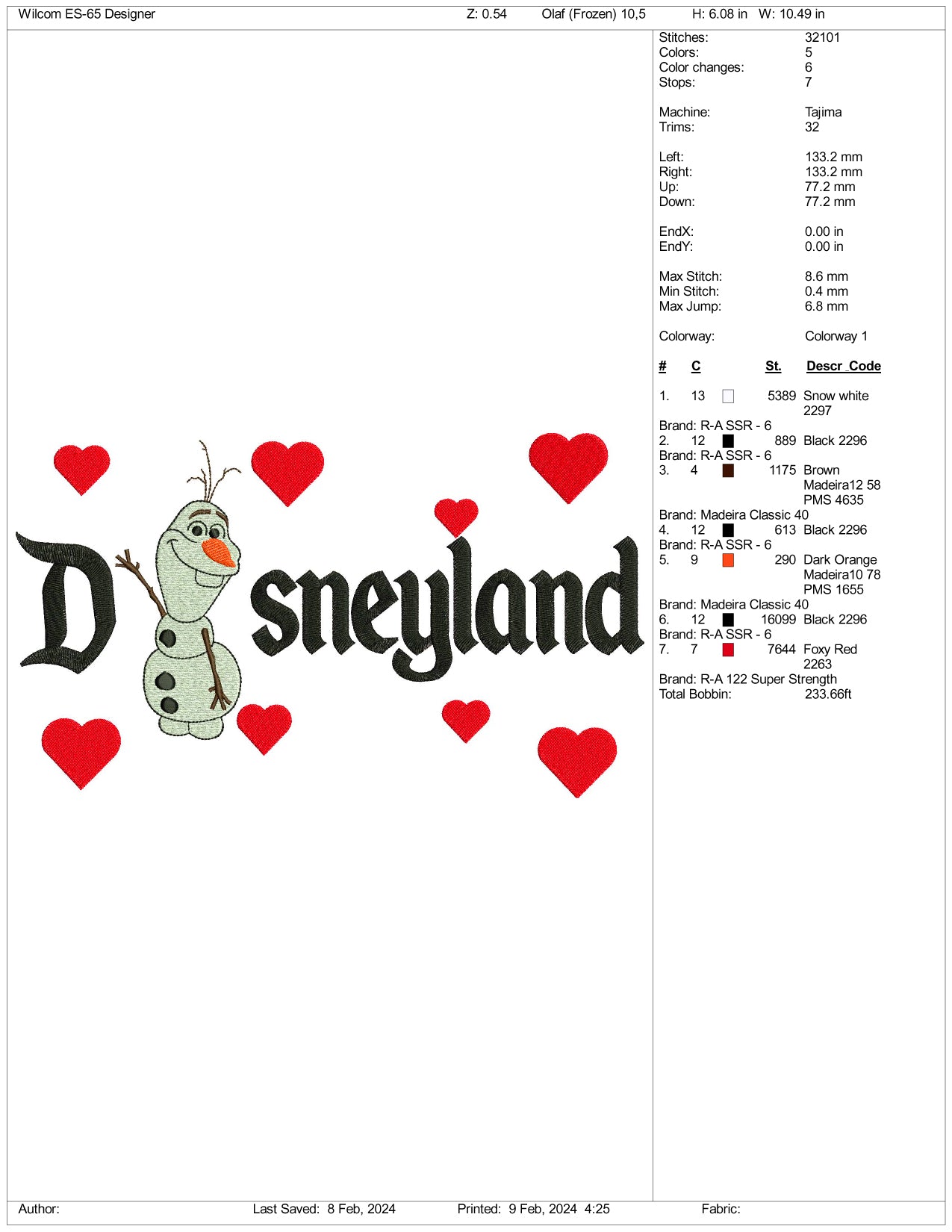 Olaf Disneyland Embroidery Design Files - 3 Size's