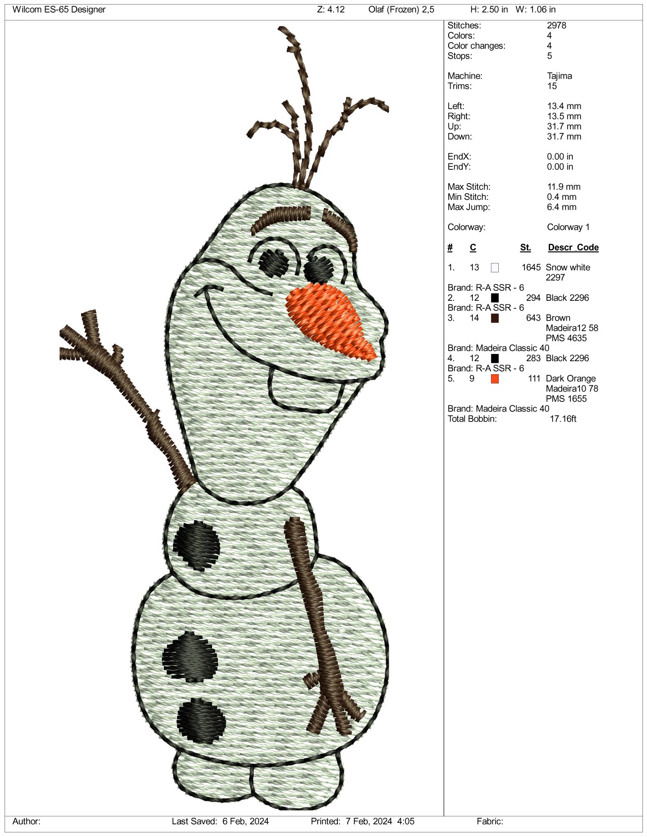 Olaf Embroidery Design Files - 3 Size's