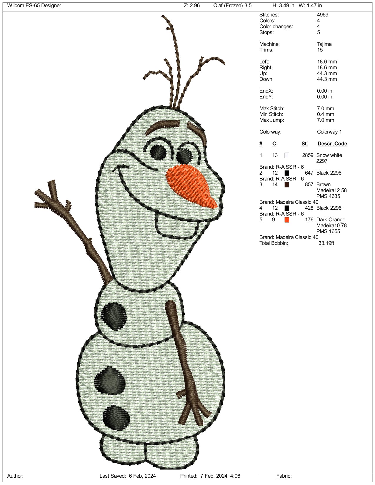 Olaf Embroidery Design Files - 3 Size's