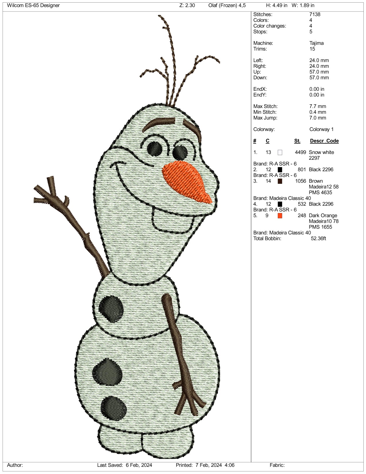 Olaf Embroidery Design Files - 3 Size's