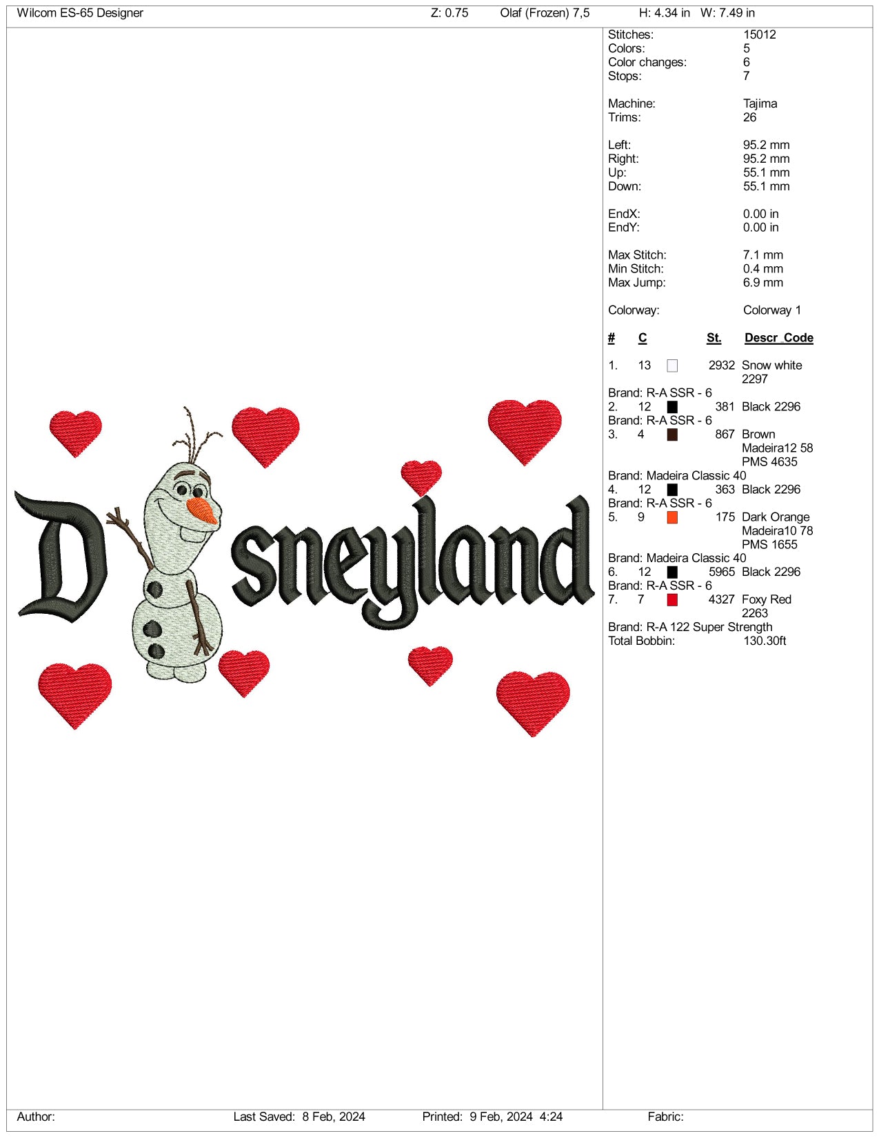 Olaf Disneyland Embroidery Design Files - 3 Size's