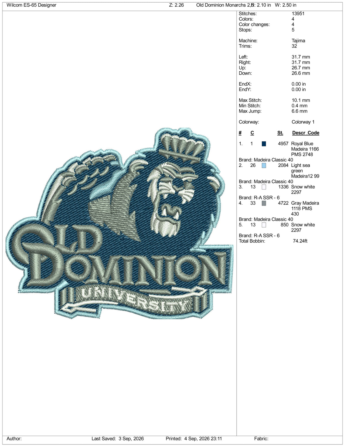 Old Dominion Monarchs Logo Embroidery Design Files - 3 Size's