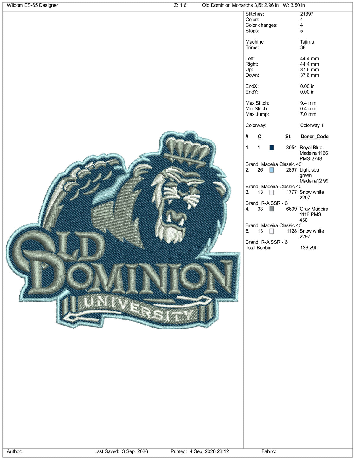 Old Dominion Monarchs Logo Embroidery Design Files - 3 Size's
