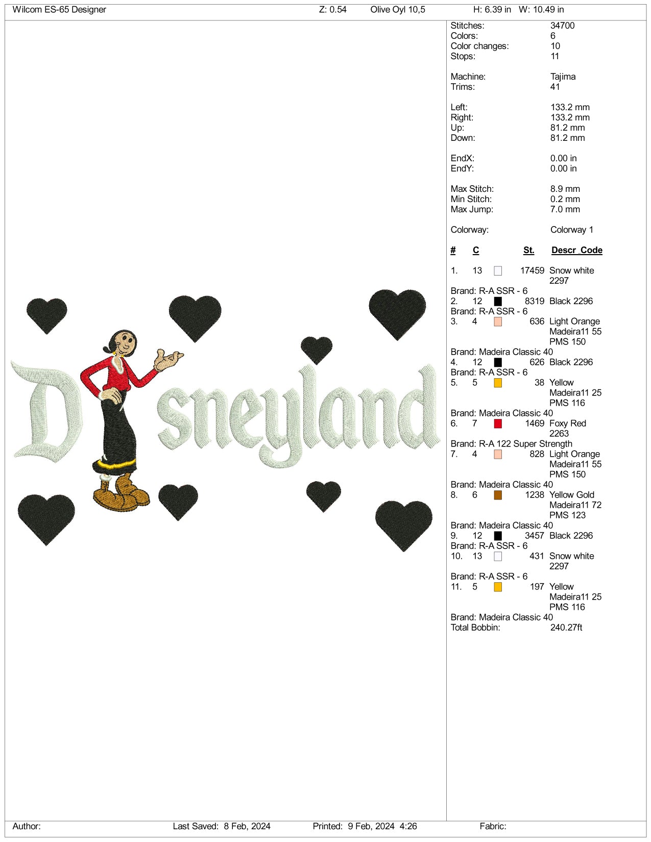 Olive Oyl Disneyland Embroidery Design Files - 3 Size's