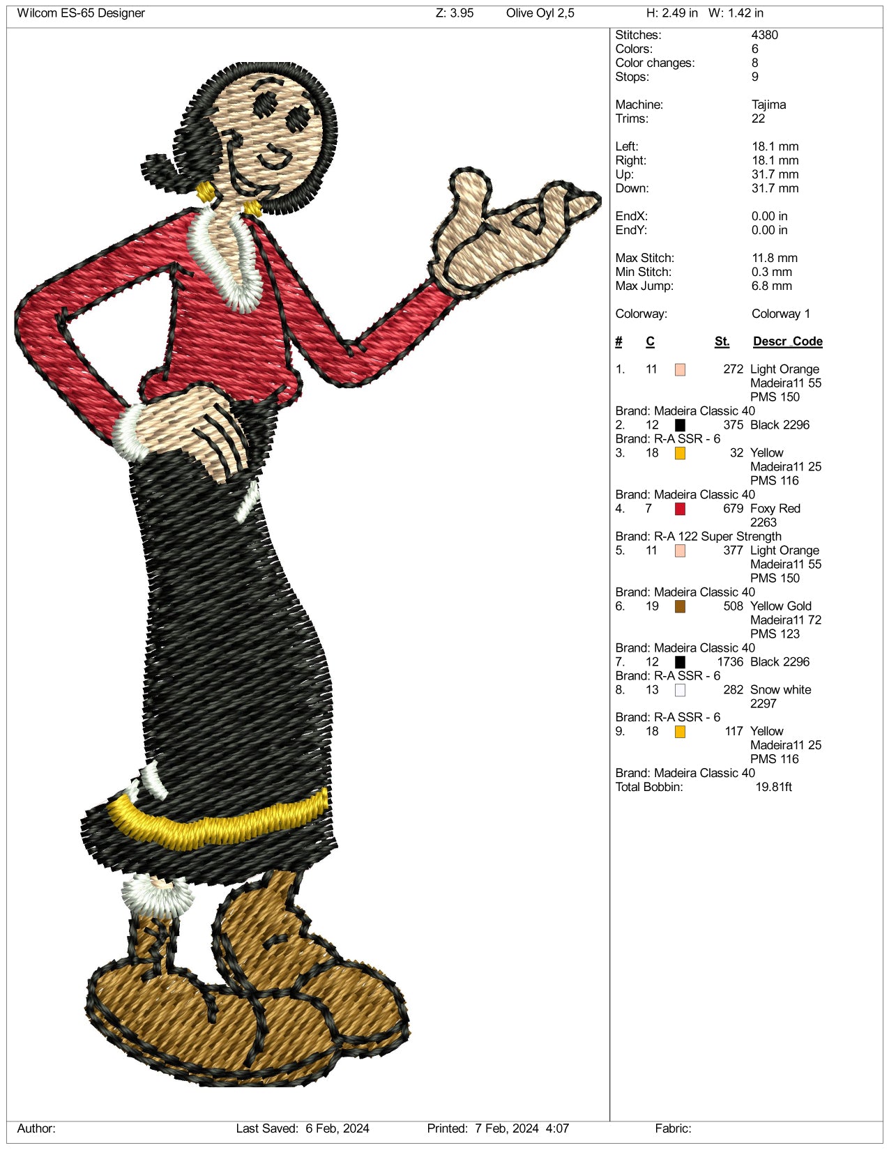 Olive Oyl Embroidery Design Files - 3 Size's