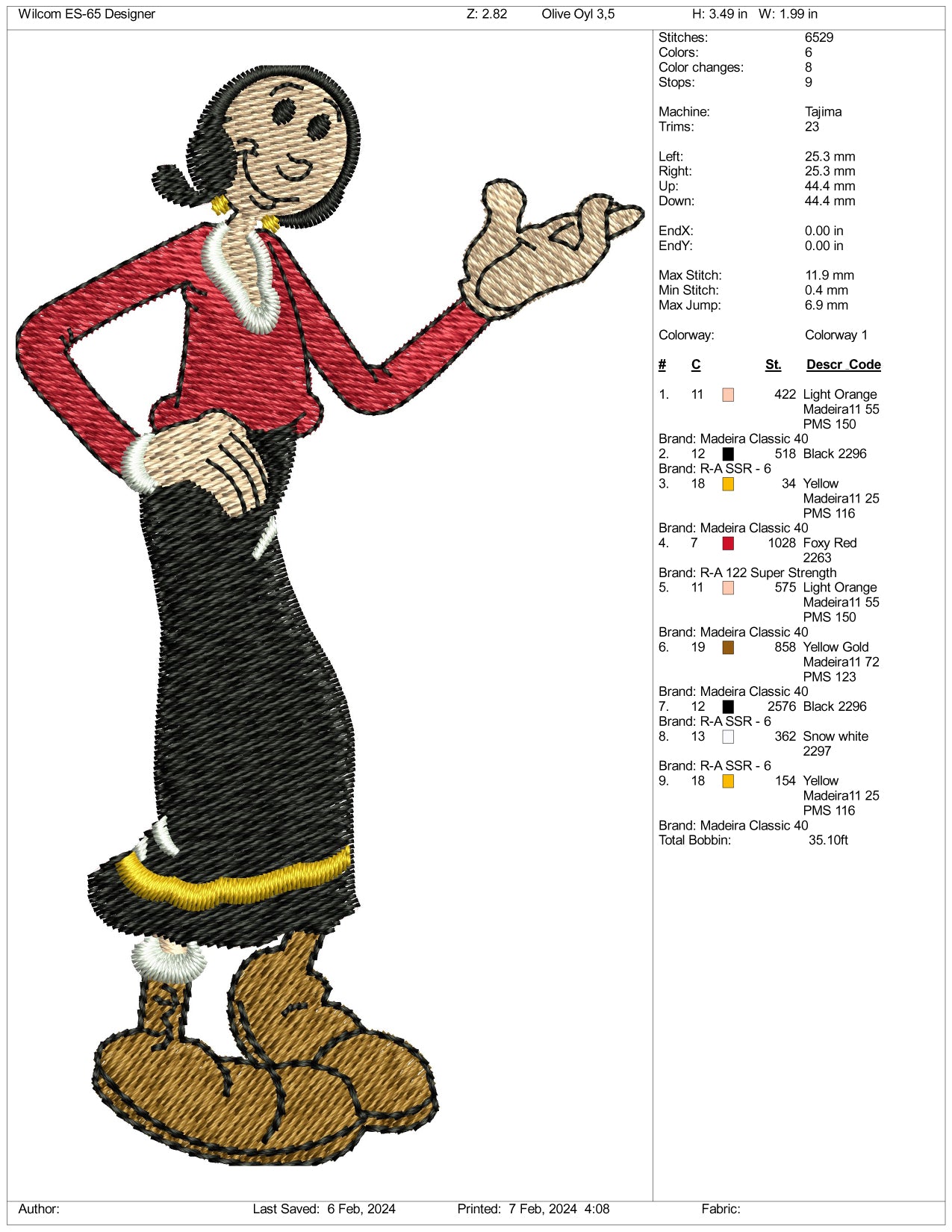 Olive Oyl Embroidery Design Files - 3 Size's